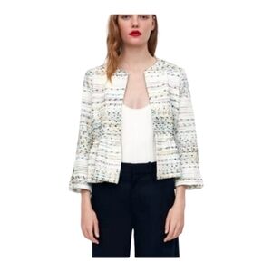 Zara XS Cream Metallic Tweed Peplum Blazer Open Front Womens